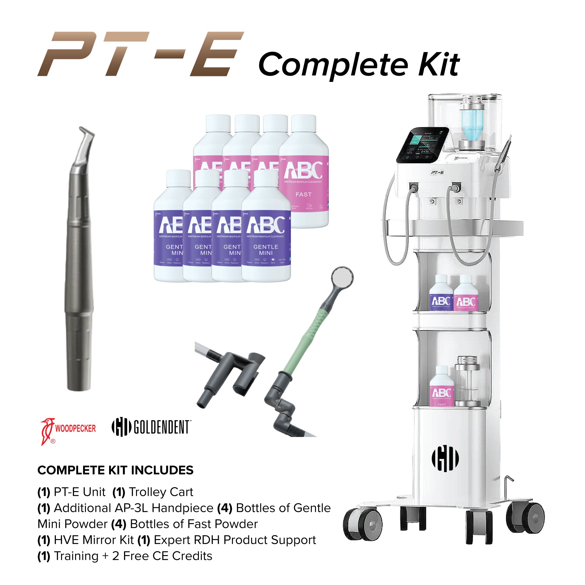 Woodpecker PT-E Complete Kit — air polisher, ultrasonic scaler, mobile cart & powder bundle - Woodpecker - GoldenDent
